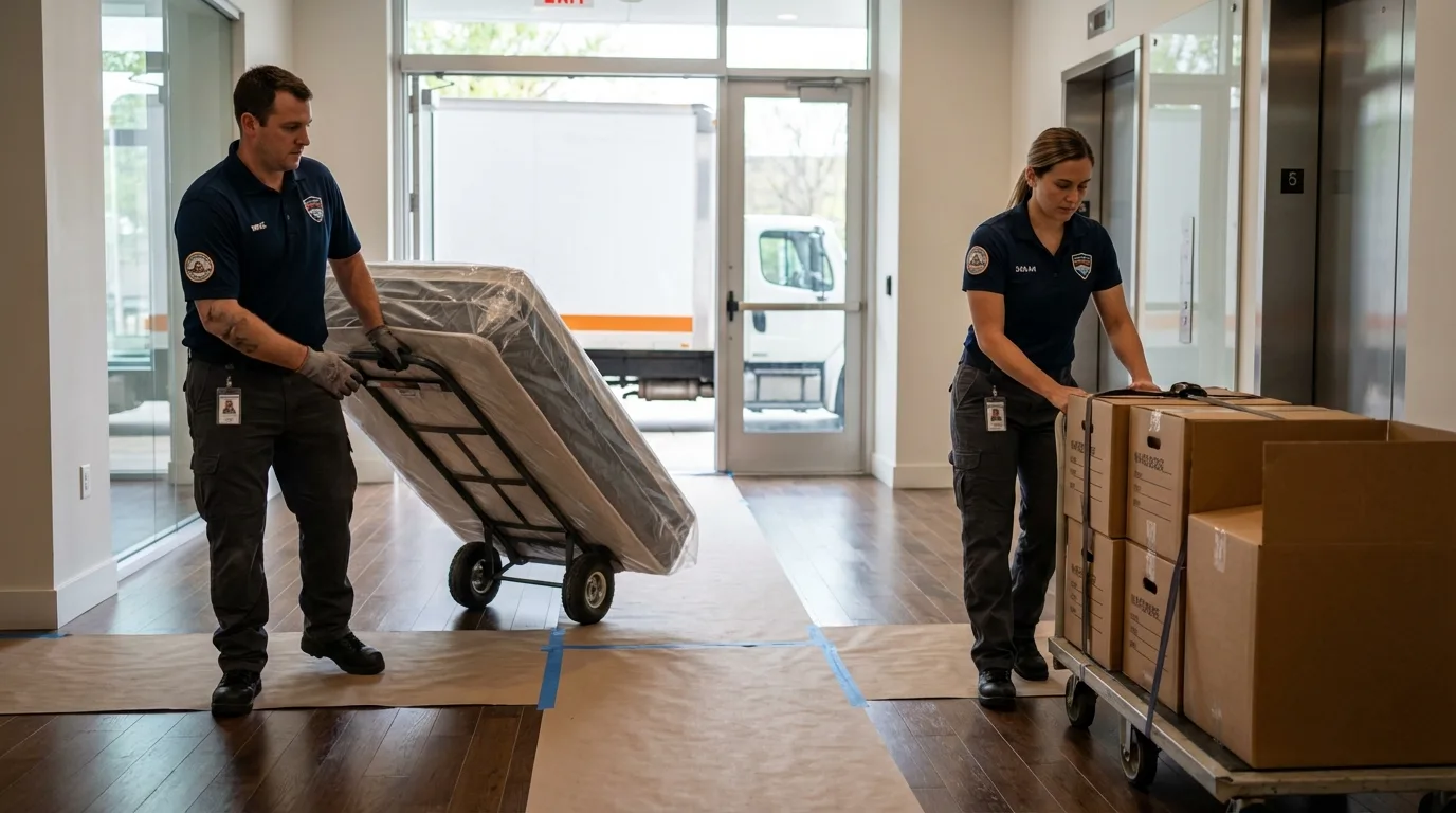 Professional apartment movers loading elevator in Attalla, AL